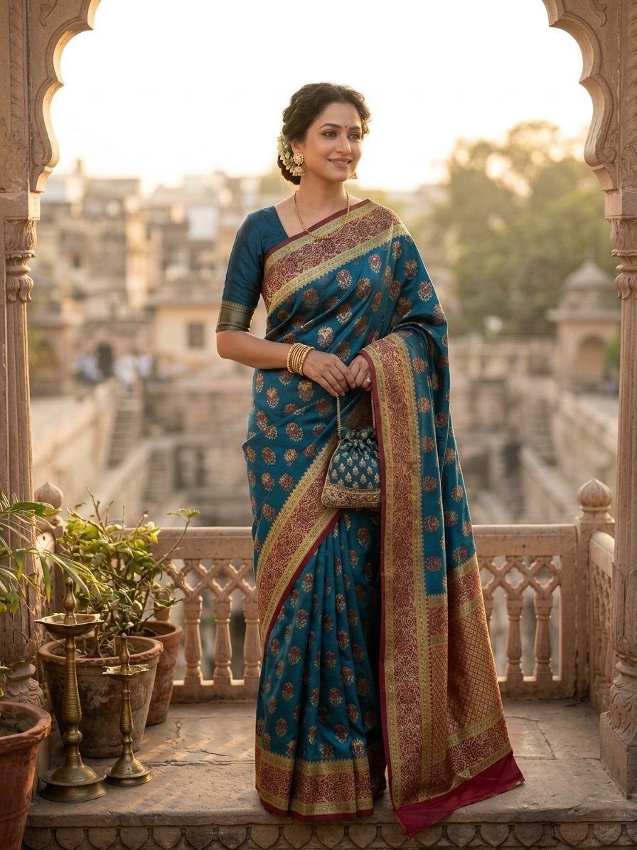 Peacock Blue & Maroon Katan Silk Saree with Floral Zari Booti and Rich Brocade Border