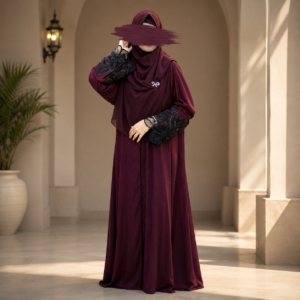 Premium Dubai Cherry Fabric: Elegant Lace Abaya Borka maroon Color